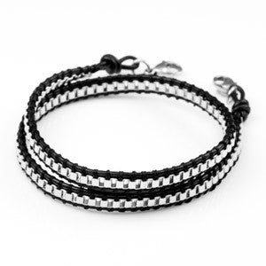 Stainless Chain Black Leather Women's Double Wrap Bracelet SM(No Plaque)